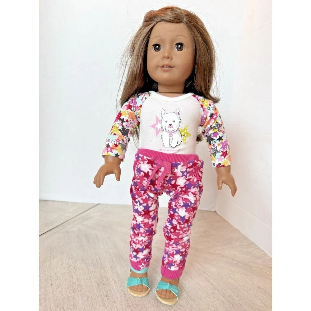 American Girl Truly Me 59 Doll 18” Brown Hair Eyes in Coconut the pup PJs Set